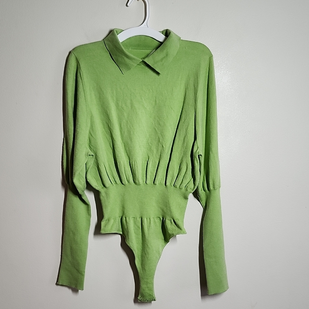Live The Process Lime Green Turtleneck Bodysuit Silk Blend Womens Large